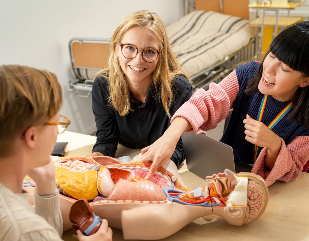 Tre elever vid ett bord som studerar anatomi med medicinsk docka